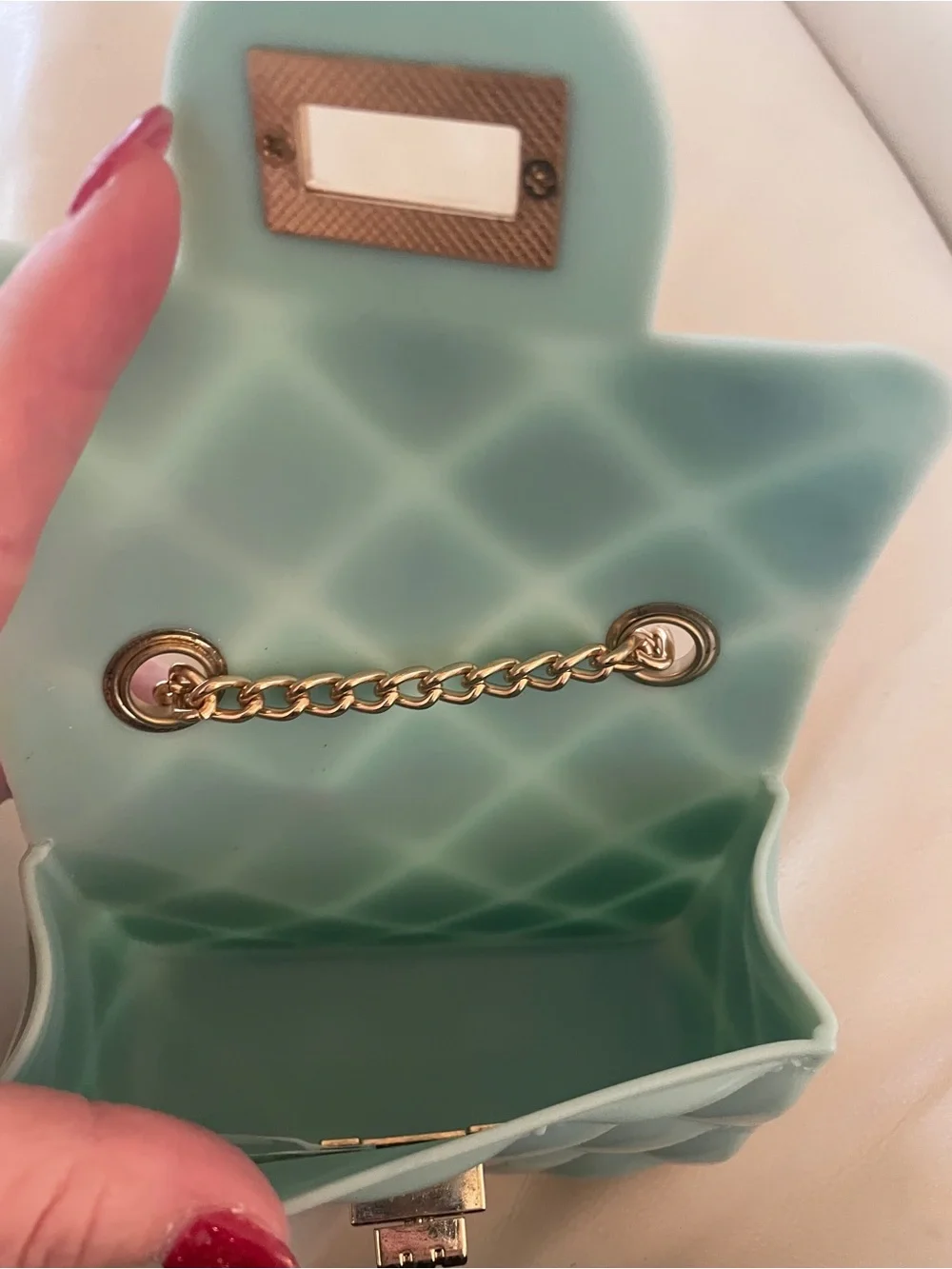 🩵✨ Mint / Light Aqua Jelly Quilted Mini Crossbody Bag with Gold Chain